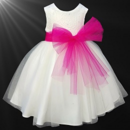 Girls Ivory Diamante & Organza Cerise Pink Sash Dress